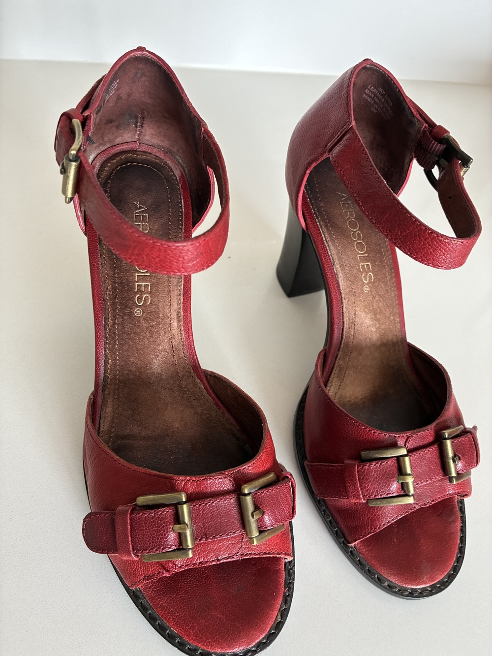 AEROSOLES Burgundy Red Leather Buckle Block Heel Sandals